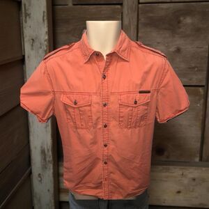 Rock Republic Faded Orange Peach Button Up Short Sleeve Shirt Size Small #91